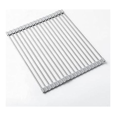 Égouttoir à vaisselle enroulable pour évier de cuisine, en acier inoxydable 304 et silicone, égouttoir à vaisselle pliable, multi-usage, résistant à la chaleur (33 x 45 cm, gris) (1/5)