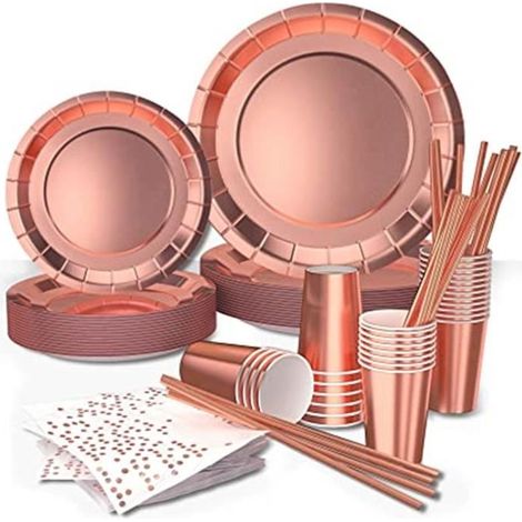 120 pièces vaisselle jetable anniversaire, rose gold, assiettes dîner et dessert, vaisselle fête fille, usage unique