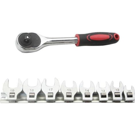 Lot de 9 clés métriques à pied d'oie, têtes à cliquet à extrémité ouverte de 10 à 19 mm pour entraînement de 3/8", kit d'outils en acier argenté avec support de rangement pour réparation automobile (1/5)