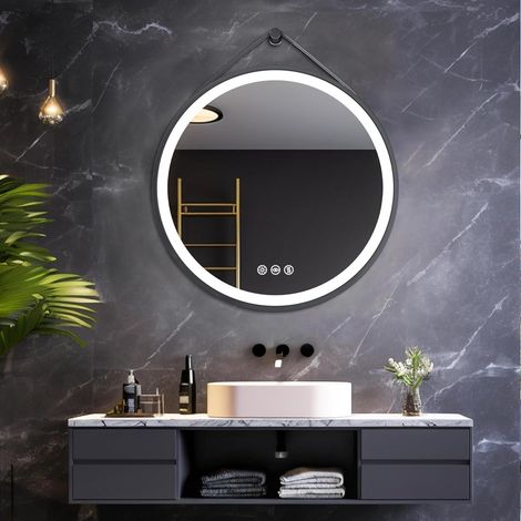 70cm Specchio Bagno Led Luce Rotondo con Cornice Alluminio Nero, Cinghia, Dimmerabile Luce, Antiappannamento, Interruttore Touch, Memoria