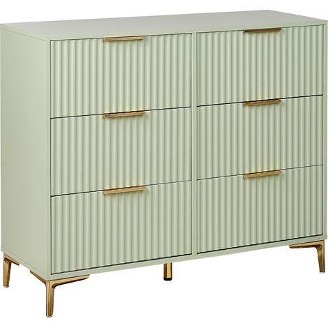 Cómoda moderna de MDF 6 cajones patas de metal tiradores frentes acanalados verde Walcott