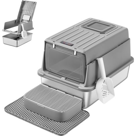 Bac à Litière pour Chat, en Acier Inoxydable, avec Couvercle, Pelle, Tapis pour Litière et 2 Entrées, pour Chats Jusqu’à 15 kg, Gris Tourterelle