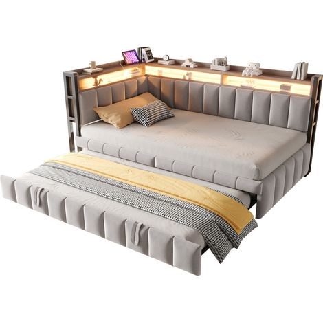 Canapé-lit 90x200 cm avec lit tiroir, LED, rangements et ports USB-C, en tissu gris clair, idéal pour chambre ou salon, CHICFURN (1/5)