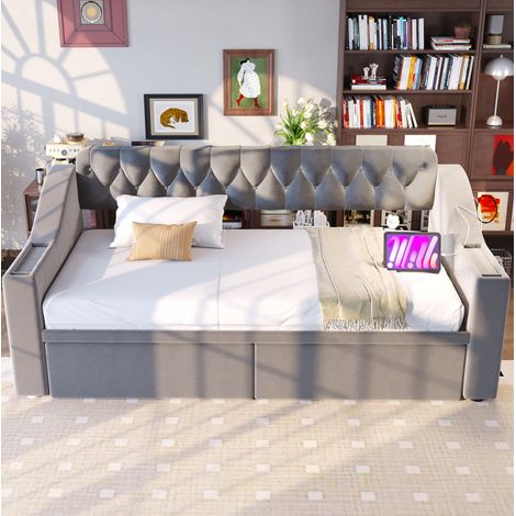 lit rangement couchage tiroirs 90x190 velours gris clair OKMYHOME (1/5)