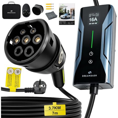 Chargeur Voiture Electrique 3,7kW Type 2 Monophasé, Schuko CEE 7/7 Câble 7m (1/5)