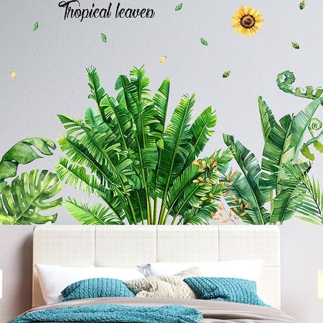 Stickers muraux repositionnables à motif de feuilles de bananier tropicales - Papier peint amovible à motifs de feuilles vertes, autocollants décoratifs à faire soi-même (1/4)