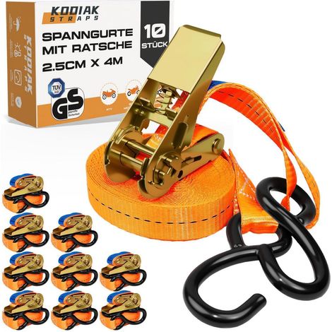 10x Spanngurte 4m 800kg mit Ratsche und S-Haken, 25mm, TÜV/GS geprüft (1/5)
