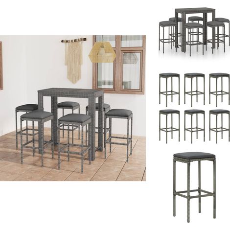 Ensemble de bar de jardin 7 pcs et coussins Résine tressée Gris - Salon De Jardin - Mobilier De Jardin - Set De Salon De Jardin - Ensemble De Bar Extérieur - Table De Bar (1/5)