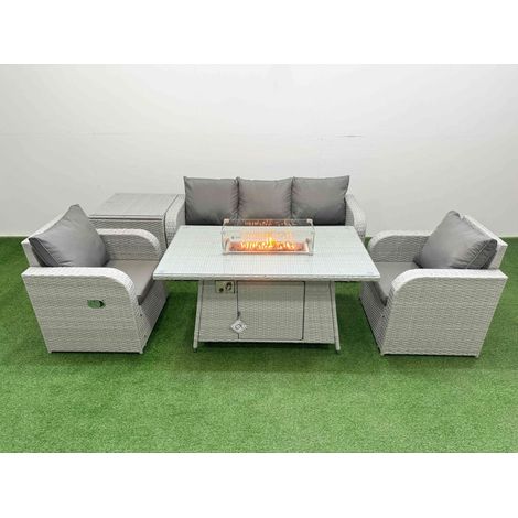 Fimous PE Rattan Garden Furniture Set Reclining Chair Sofa Lounge Sofa Set Firepit Dining Table Side Table Light Grey (1/4)