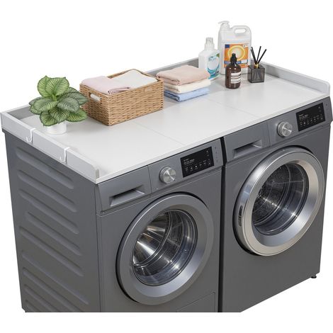 Comptoir pour Lave Linge et Sèche Linge 137x69,9 cm, Plan de Travail pour Machine à Laver Imperméable, pour Rangement Aménagement Buanderie Placard Balcon, avec Rebord et Crochets, Gris (1/5)