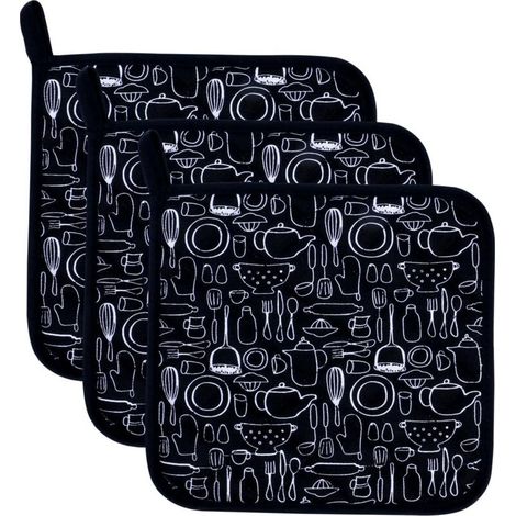 Set di 3 presine in spugna resistenti al calore, ideali per cucinare e cuocere al forno, 20 cm x 20 cm, taglia unica, colore nero. (1/3)