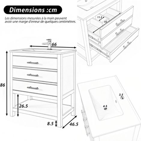 Meuble vasque avec vasque en céramique – Meuble de salle de bain indépendant, 2 tiroirs, compartiment ouvert, MDF laqué, poignées dorées – Sans robinetterie ni bonde – Design raffiné pour votre salle (1/2)