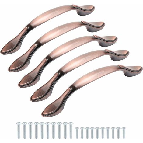 Set of 5 vintage antique bow shaped cabinet handles, furniture door handles, 13 cm long (9.5 cm center of hole), red bronze, 96 mm (1/4)