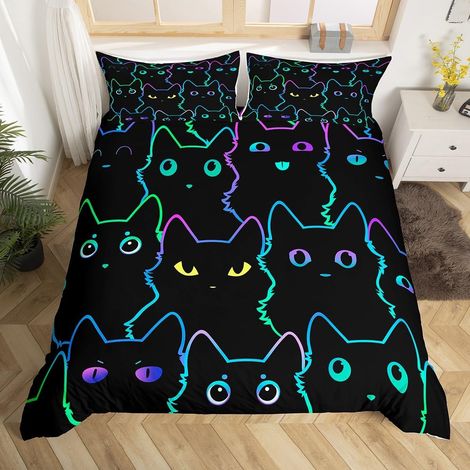Parure de lit chat 130 x 200 cm pour garçons, filles, enfants adolescents, noir, multicolore, motif Kawaii, animaux de dessin animé, dégradé de couleur, housse de couette (1/5)
