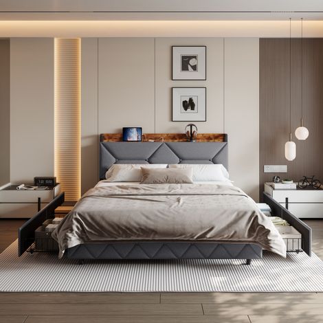 Lit double 160x200 cm, Tiroirs intégrés, USB et Type C, Tête de lit rembourrée, tissu en lin, Gris (1/5)