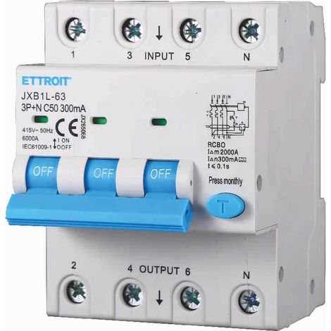 ETTROIT JX265068 Differenzialschutzschalter 3P+N 50A 300mA 380V-6KA KLASSE A (1/3)