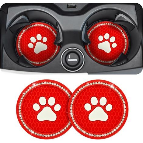 Lot de 2 tapis de porte-gobelet de voiture, tapis de porte-gobelet de voiture en PVC avec strass et motif patte, tapis antidérapant universel pour porte-gobelet (rouge-blanc) (1/5)