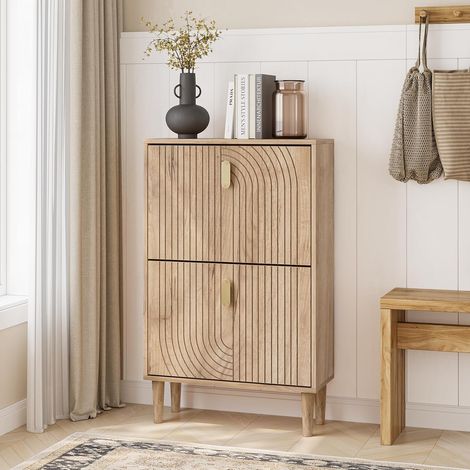 Meuble à chaussures pour entrée avec 2 tiroirs rabattables, armoire à chaussures étroite pour entrée, armoire à chaussures fine cachée (naturel, 60 cm de large) (1/5)