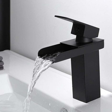 Robinet mitigeur lavabo cascade noir – Bec cascade ultra-mince – Économie d'eau 30% – Laiton H59 résistant à la corrosion (1/4)