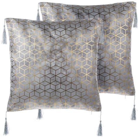 Conjunto de cojines decorativos plateado jacquard 45 x 45 cm con borlas patrón geométrico decoración moderna glam Camellia (1/5)