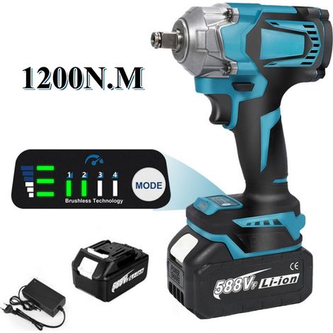 Clé à chocs électrique sans fil 1/2" 1200NM, 1 batterie et chargeur LED, 8 vitesses, 6700 rpm/7200 ipm, pour Maison Voiture etc (1/5)