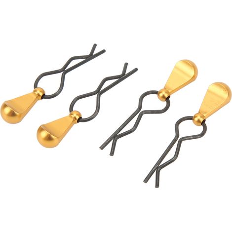 Vier Karosserieclips für RC-Autos mit R-Stiften, Edelstahlclips mit Zuglaschen aus Aluminiumlegierung, geeignet für ferngesteuerte RC-Autos im Maßstab 1:8 und 1:10, goldfarben. (1/5)