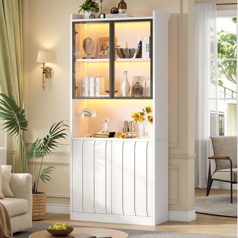 Meuble vitrine blanc 80 x 35 x 200 cm, 4 portes dont 2 en verre trempé, éclairage LED Bluetooth, 5 espaces, étagères réglables, rangement et décoration – CHICFURN (1/5)