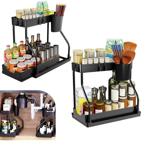 2Pcs Rangement Sous Évier, Organisateur Extraction Etagère à Epices Forme de L 2 Niveaux, Organiseurs Tiroir Coulissant Etagères Organisation Spacieux Multifonction pour Cuisine, Salle de Bain (Noir) (1/5)