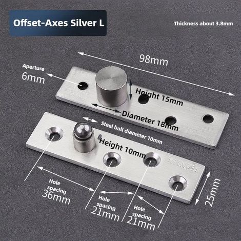 Charnière pivotante à 360° en acier inoxydable (axes décalés argentés L) - 1 pièce - Axes décalés et centraux - Système de fixation dissimulant l'axe vertical pour porte en bois (1/5)
