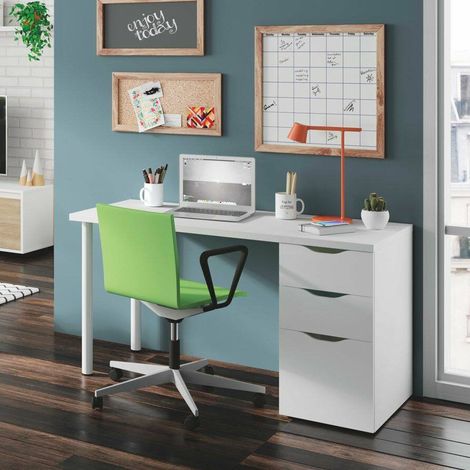 Dmora Schreibtisch Filadelfia, Wendbarer Bürotisch, Studiertisch mit Kommode mit 2 Schubladen und 1 Tür, cm 138x60h74, Weiß (1/5)