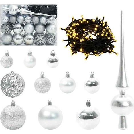 Ensemble de boules de Noël, contenant 150 lumières LED, 61 boules au total, en plastique argenté. (1/5)