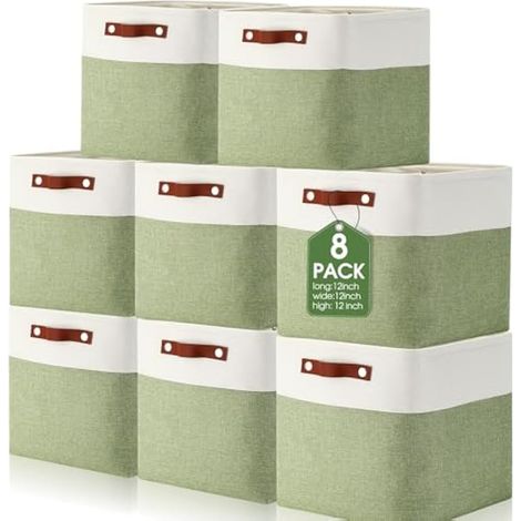 Uiifan Lot de 8 grands paniers de rangement pliables en tissu avec poignées pour étagères, placards, chambre d'enfant, maison, vêtements, jouets, 30,5 x 30,5 x 30,5 cm, vert (1/5)