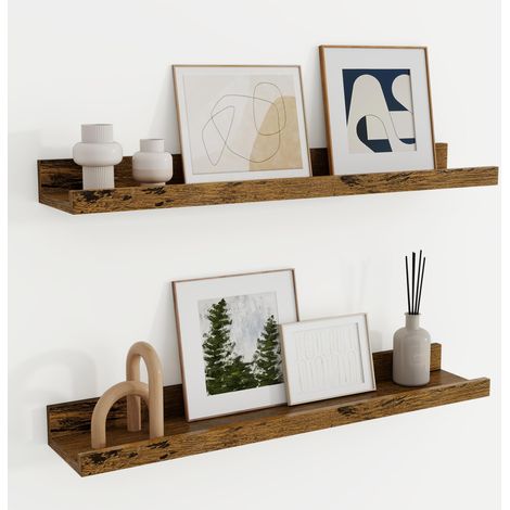 Lot de 2 étagères murales en bois de 60 cm pour cadres photo et livres, étagère flottante en MDF, idéale pour cuisine, salon, chambre et bureau, marron vintage (1/5)