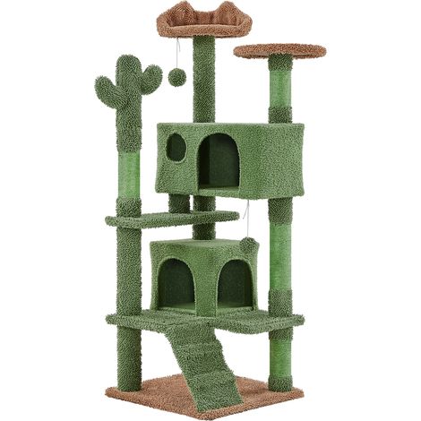 Homevive Árbol Rascador para Gatos con Plataforma Torre Escalador de Sisal para 1-3 Gatos Medianos con Bolas 48.5x48.5x138 cm Verde y Marrón