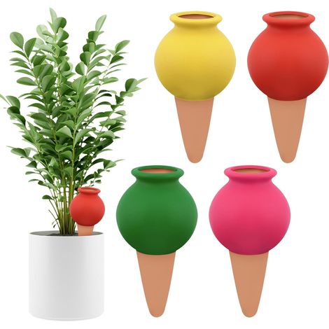 Lot de 4 Cônes d'Arrosage Autonomes en Terre Cuite, Globes Goutteurs Décoratifs pour Plantes - Système d'Arrosage Automatique pour Plantes d'Intérieur et d'Extérieur (Petite Bouteille de Vin) (1/5)