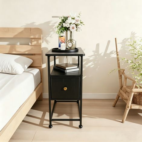 Beistelltisch mit Schublade 60 x 30 x 62 cm, Couchtisch mit USB-Anschlüssen und Steckdosen, moderner Sofatisch für Wohnzimmer und Schlafzimmer