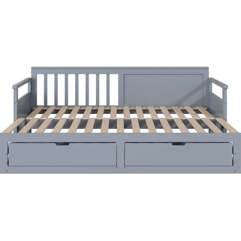 Lit gigogne extensible 90/180x190 cm avec tiroirs rangement, canapé-lit 2-en-1 bois blanc gris
