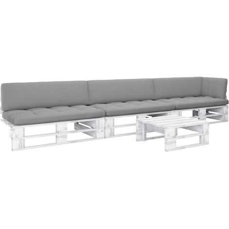 Salon de jardin palette 4 pcs et coussins Pin imprégné de blanc 14