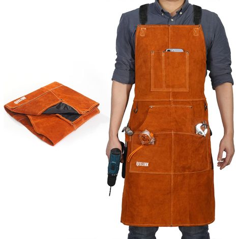 Tablier de travail en cuir avec 6 poches à outils, tablier de soudure robuste pour homme et femme, résistant à la chaleur, 61 cm x 91 cm, réglable de taille M à XXL (1/5)