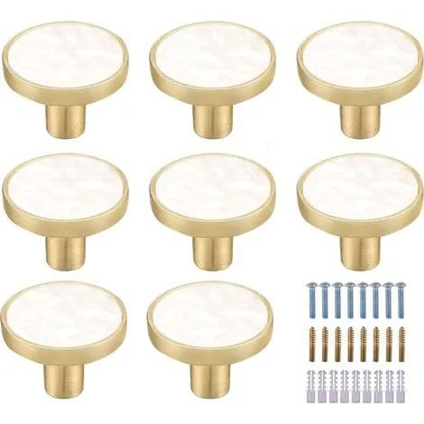 (Lot de 8, blanc) boutons de meuble ronds en laiton et marbre, boutons de tiroir décoratifs blancs pour meubles de cuisine, crochets pour vêtements
