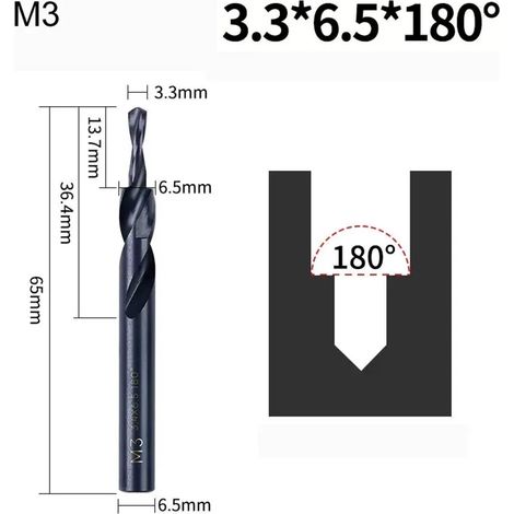 Foret à deux étages à tête fraisée revêtue pour métal, outil de forage conique 90-180° M3 (3,4-6,5) 90° + M3 (3,4-6,5) 180° + M12 (14-20) 180° (1/3)