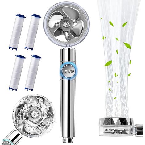 Pommeau de douche à hélice, pomme de douche à ventilateur turbo, pomme de douche à main avec 4 filtres, pomme de douche rotative à 360 degrés (argent) (1/5)