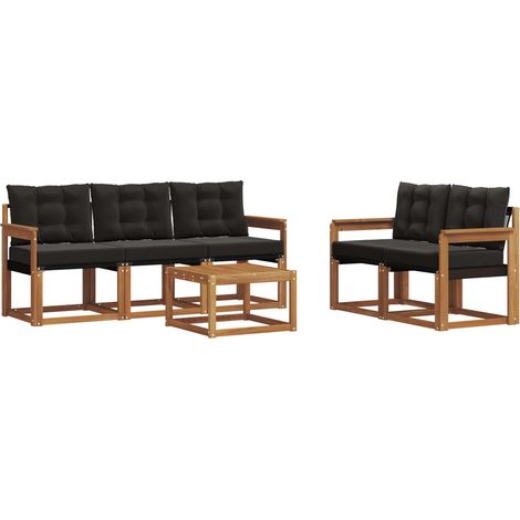 Set di divani da esterno con cuscino 6 pz Salotto da Giardino Naturale e Nero (1/5)
