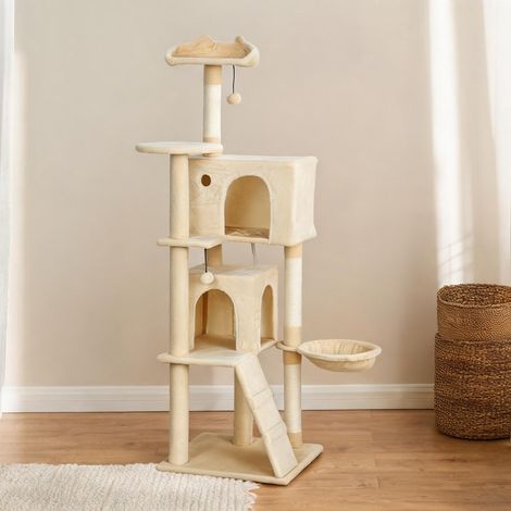 Arbre à chat 160 cm avec hamac échelle tanière et griffoirs beige (1/5)