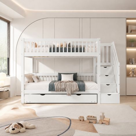 Litera 90x200 de madera blanca con cama nido para dormitorio infantil, sin colchón -FLORAGRACE (1/5)