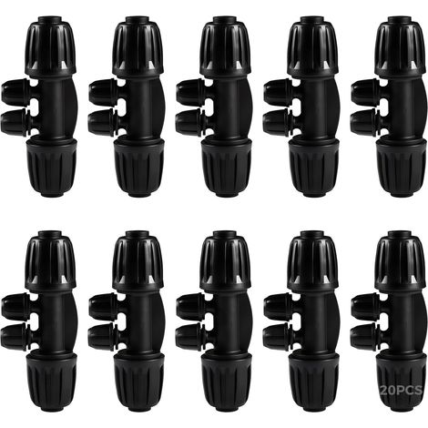 Confezione da 20 raccordi per irrigazione a goccia da 1,27 cm a 6,35 mm, da 16 raccordi a doppio bloccaggio a 47 raccordi a T di riduzione a quattro vie per sistemi di irrigazione. (1/4)