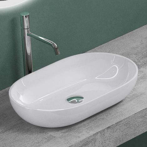 Mai & Mai Lavabo da Appoggio 54x34x10.5cm, Lavandino Bagno da Appoggio Ovale Colossum808 Lavabo da Marmo Fuso Biano Brillante