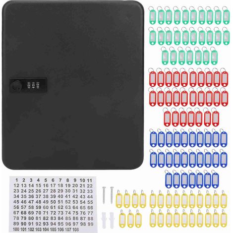 Coffret de rangement mural pour 108 clés avec serrure à combinaison et porte-clés colorés pour hôtels, chambres d'hôtes et entreprises. (1/5)