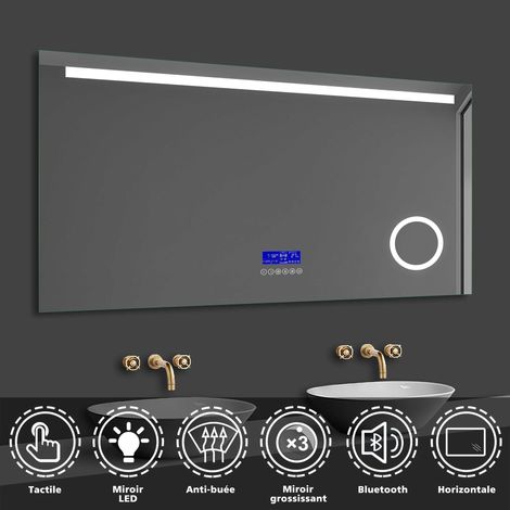 Acezanble 2couleurs LED réglables miroir 12080cm miroir salle de bain avec éclairag + miroir mural cosmétique lumineux + antibuée + Panneau LCD (Tactile, Haut-Parleur Bluetooth, Horloge, Date, Tempéra (1/5)