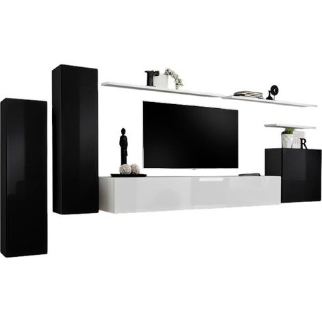 Set di mobili da soggiorno SWITCH I – Design moderno – Nero e bianco lucido – Mobile TV e contenitori sospesi